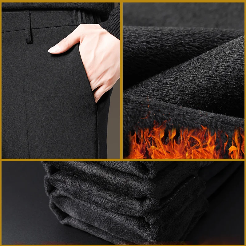 Iarna Oamenii Noi e Cald Gros Casual Pantaloni Fleece de Afaceri de Moda Negru Stretch Birou Slim Pantaloni de sex Masculin Brand Plus Dimensiune 40 42 1