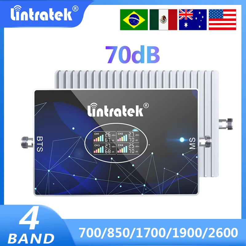 Lintratek 4 benzi Celulare Amplificator de 700 850 1700 1900 2600 MHz LTE 2G 3G 4G Amplificator de Semnal CDMA AWS B4 B2 B28 70dB Repetor