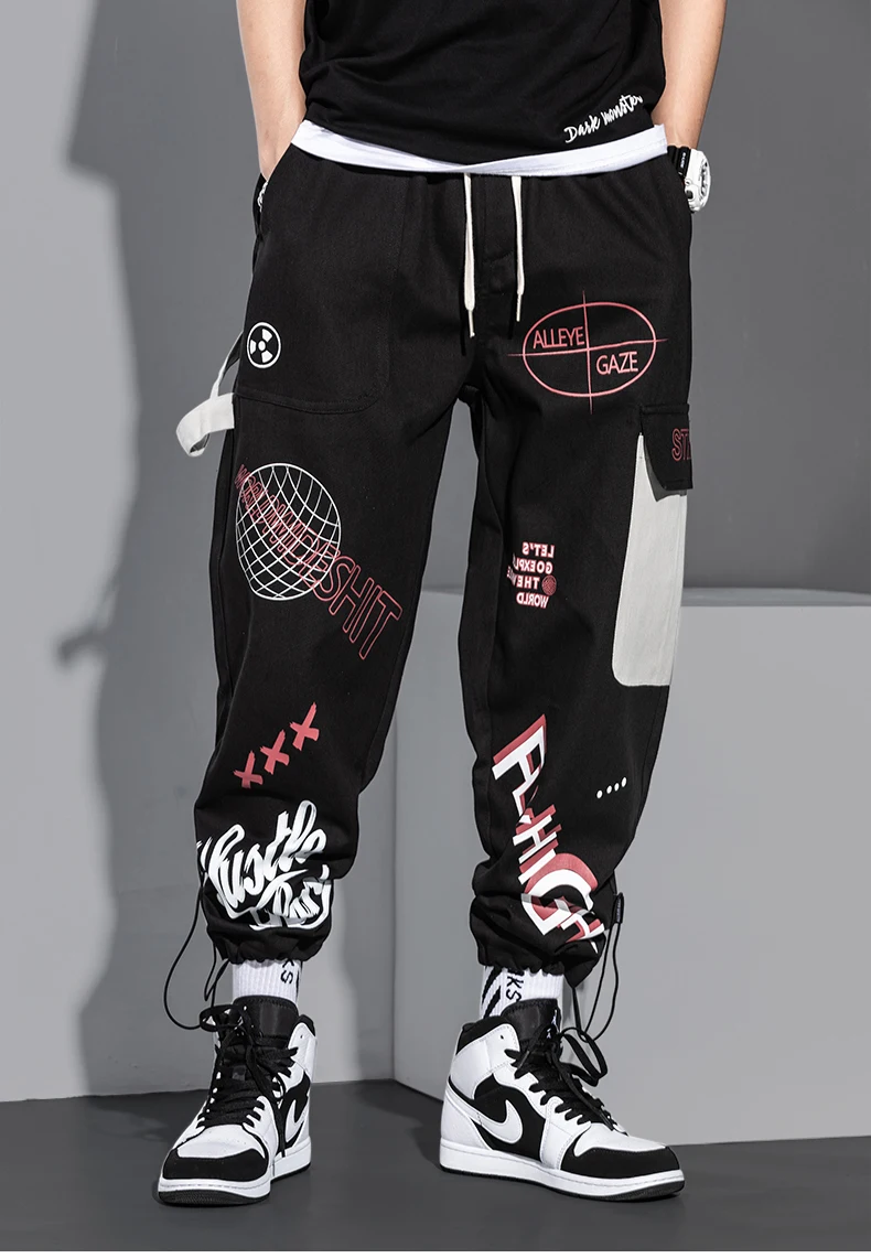 Barbati Pantaloni de Moda Hip Hop Multi-buzunar de Pantaloni Trendy Streetwear Graffiti pantaloni de Trening Pantaloni Cordon Pantaloni 1