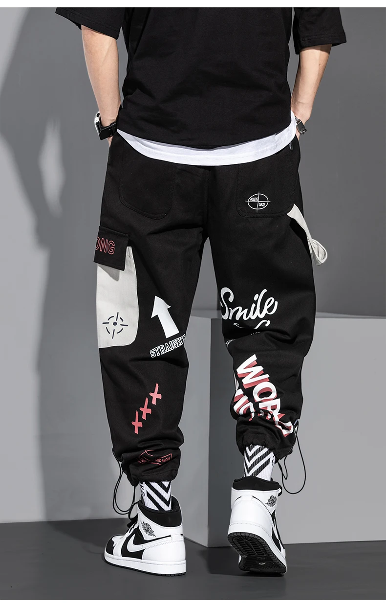 Barbati Pantaloni de Moda Hip Hop Multi-buzunar de Pantaloni Trendy Streetwear Graffiti pantaloni de Trening Pantaloni Cordon Pantaloni 2