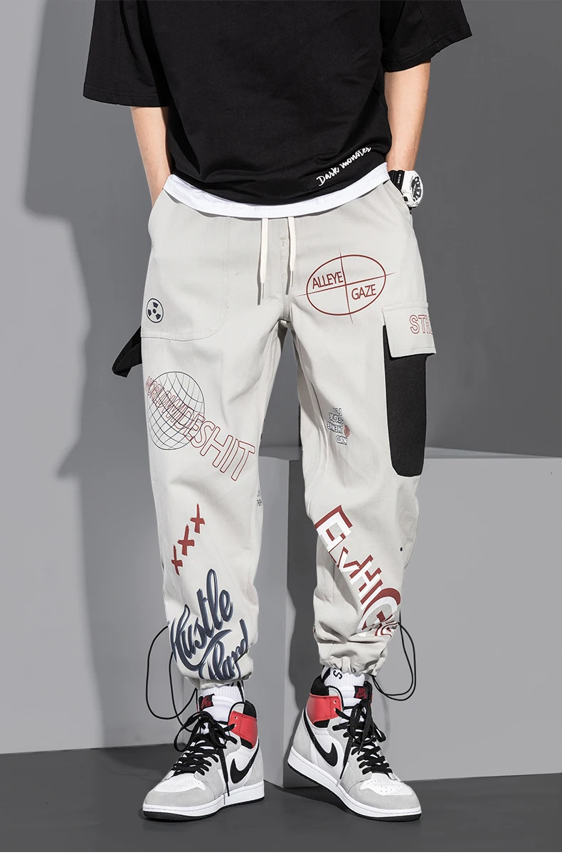 Barbati Pantaloni de Moda Hip Hop Multi-buzunar de Pantaloni Trendy Streetwear Graffiti pantaloni de Trening Pantaloni Cordon Pantaloni 3