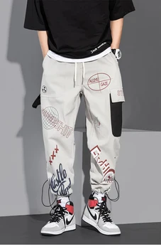 Barbati Pantaloni de Moda Hip Hop Multi-buzunar de Pantaloni Trendy Streetwear Graffiti pantaloni de Trening Pantaloni Cordon Pantaloni 3