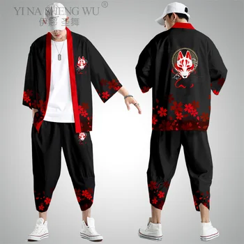 Black Fox Imprimare Stil Japonez, Moda Kimono Coat Set de Pantaloni sex Masculin Cardigan Nou Haori Obi Asiatice Haine Plus Size XS-6XL