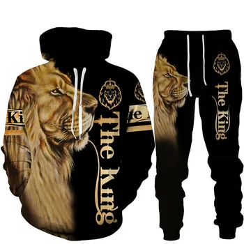 Rece The Lion King 3D Printed Hanorac + Pantaloni Costum Moda Barbati cu Gluga Sport Trening Set de Două Piese Cuplu Jogging Costume