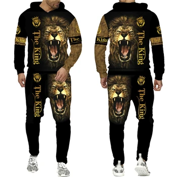 Rece The Lion King 3D Printed Hanorac + Pantaloni Costum Moda Barbati cu Gluga Sport Trening Set de Două Piese Cuplu Jogging Costume 3