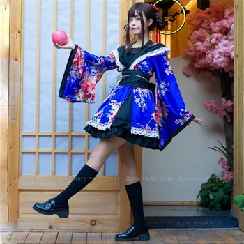 Tradițional Japonez Lolita Anime Cosplay Costum Rochie Kimono pentru Femei Sakura Yukata Tutu Kawaii Fata Haori Petrecere Costum de Scenă