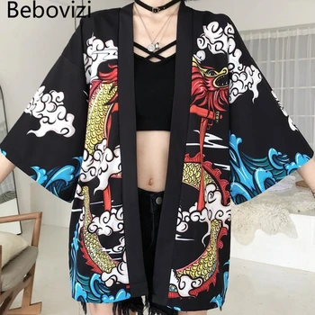 Yukata Haori De Moda Anime Dragon Print Kimono Japonez Cardigan Femei De Vară Centura De Îmbrăcăminte Costum Sacou Negru, Cămașă Cosplay