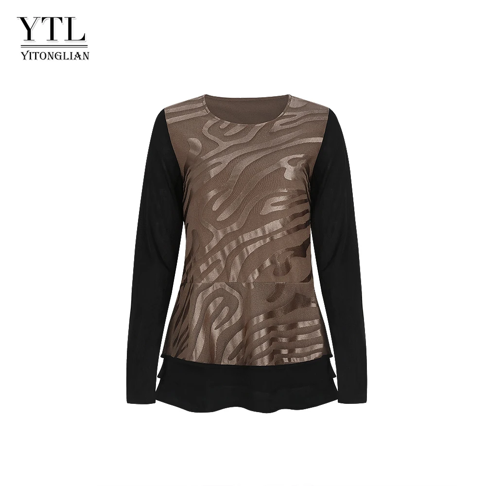 YTL Femei de Primăvară Șifon Mozaic Maneca Lunga Maro Model de Bluza Eleganta Tricouri W059 0