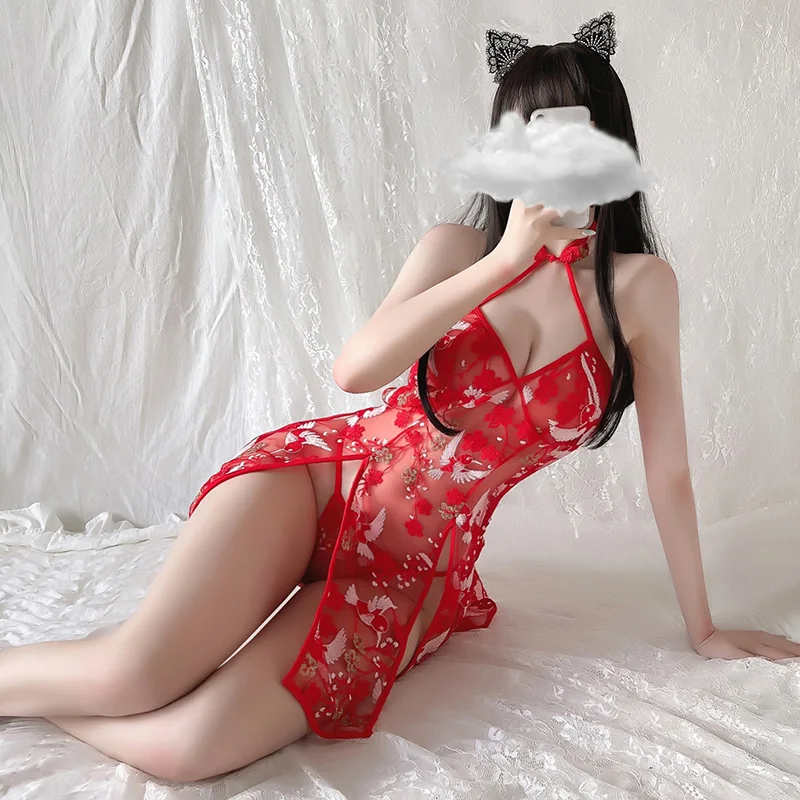 Ștreangul De Broderie Femei Cheongsam Cămașă De Noapte Backless De Epocă Split Plasă Erotic Costum Adânc V-Gât Lace Up Perspectivă Lenjerie 3