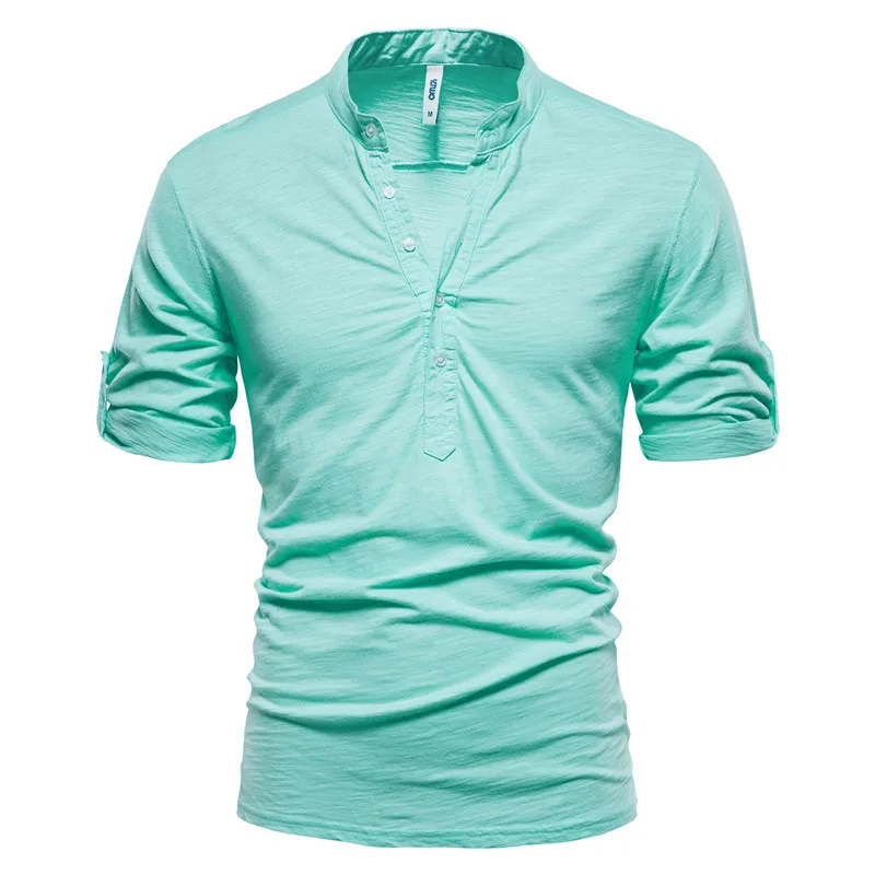 2021 Noi de Vara Stand Guler T-Shirt pentru Bărbați de Culoare Solidă Bumbac Mijlocul Maneci Barbati Camasi Casual, de Calitate Teuri Cămașă de sex Masculin Topuri 1