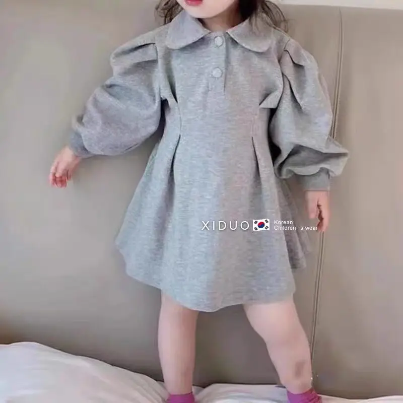 2022 Dress O-linie Genunchi Lungime Guler de Turn-down Complet Maneca Pulover de Buton Solid Moale Moda Minunat de Toamna pentru Copii Fete