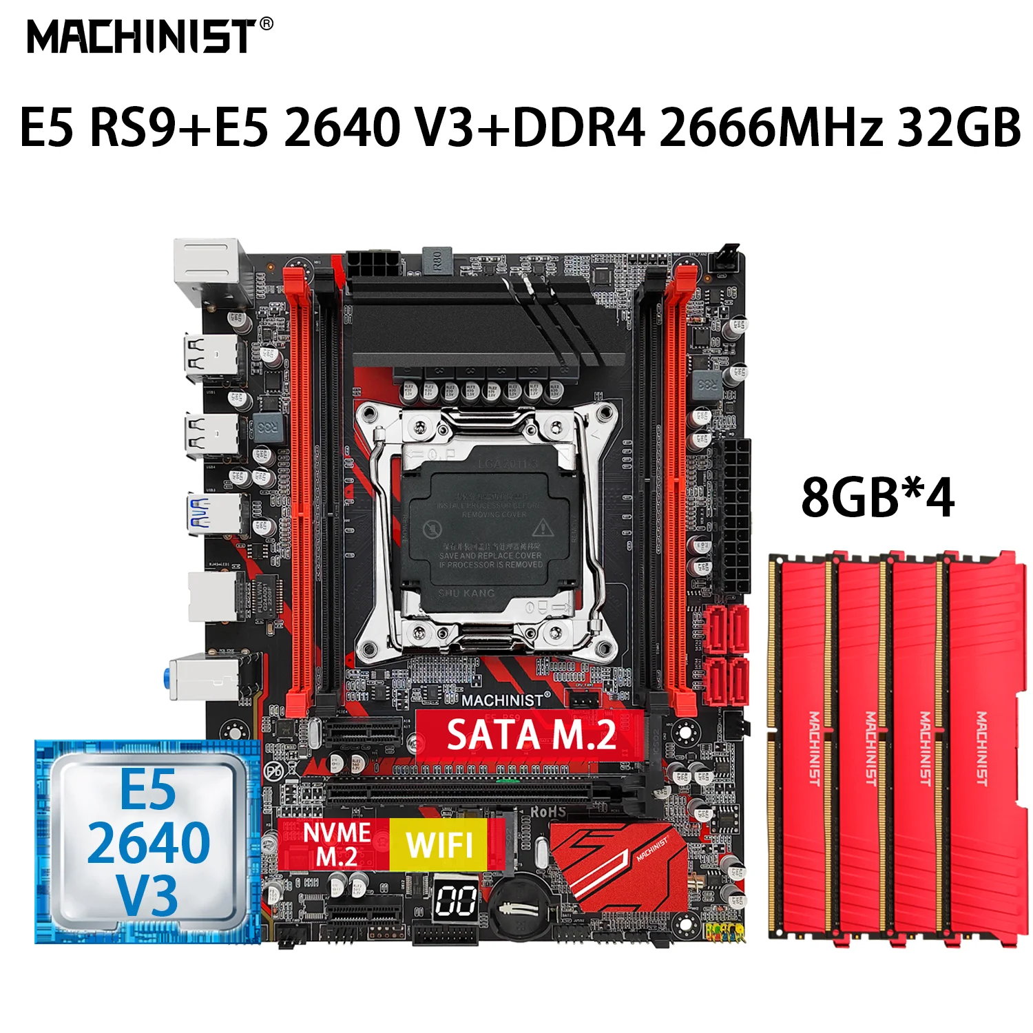 MAȘINIST E5 RS9 Kit Set Placa de baza LGA 2011-3 Cu procesor Intel Xeon E5 2640 V3 Procesor 4*8GB=32GB DDR4 2666MHz RAM M-ATX NVME M. 2
