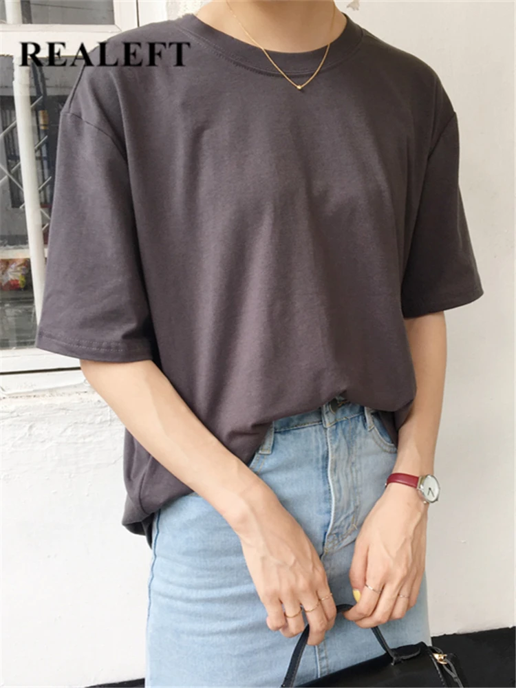REALEFT 2022 Noi de Vara din Bumbac Solidă Maneca Scurta pentru Femei T-Shirt de Bază 12 Culori O-Gât Liber Casual sex Feminin Tricouri Topuri Tee