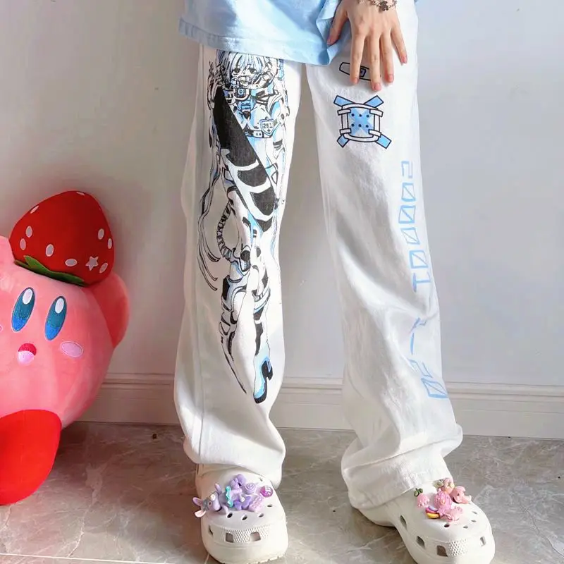 HOUZHOU Anime Pantaloni Femei de Moda de Vară 2021 Y2k Pantaloni Largi Picior Streetwear Harajuku Imprimare Vrac Casual Cyberpunk Pantaloni Albi
