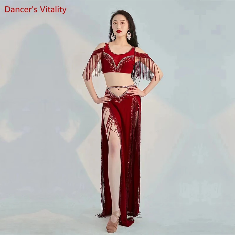Belly Dance Costume Profesionale Stabilite de sex Feminin Performanță Stralucitoare, Îmbrăcăminte cu Mâneci Scurte Top+Fusta lunga 2 buc Dans Oriental Purta 0