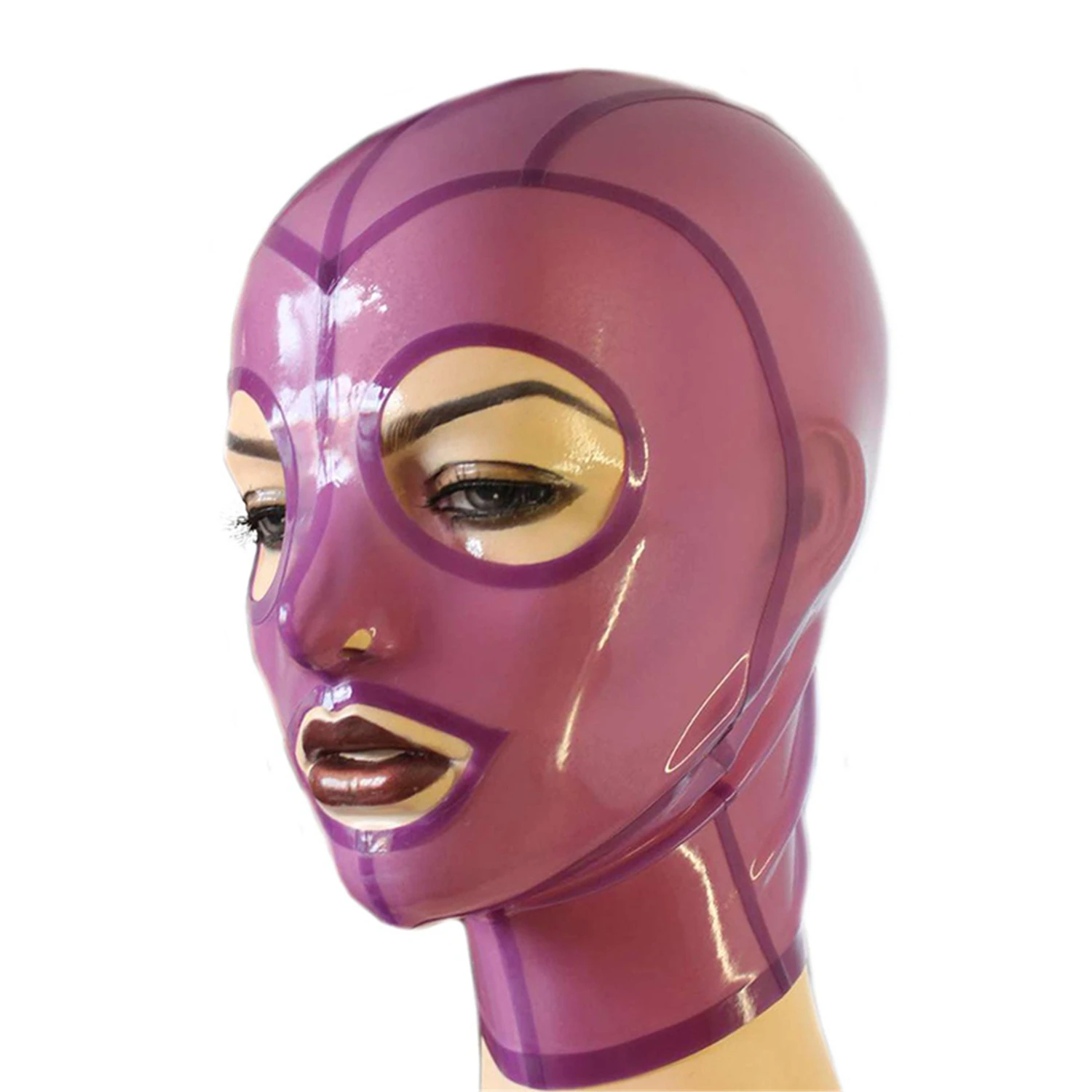sexy exotice club lenjerie manual îmbinat cekc violet transparent din latex deschide ochii, gura hote capota spate cu fermoar costume fetish