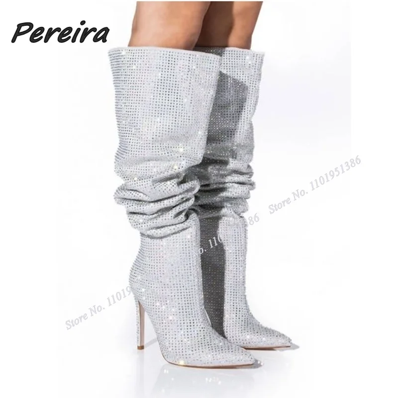 Pereira Cristal Solid Genunchi Ridicat Cizme Plisate Aluneca pe Toc Stiletto Subliniat Toe Pantofi pentru Femei Tocuri inalte Zapatillas Mujer 0
