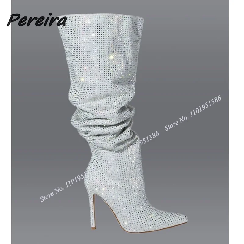 Pereira Cristal Solid Genunchi Ridicat Cizme Plisate Aluneca pe Toc Stiletto Subliniat Toe Pantofi pentru Femei Tocuri inalte Zapatillas Mujer 2