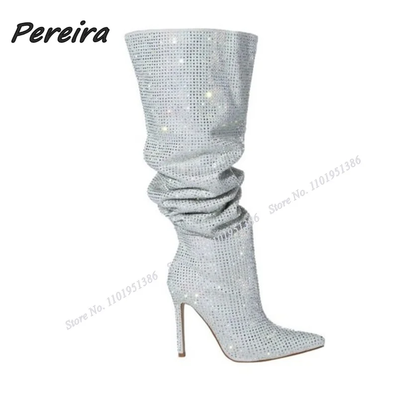 Pereira Cristal Solid Genunchi Ridicat Cizme Plisate Aluneca pe Toc Stiletto Subliniat Toe Pantofi pentru Femei Tocuri inalte Zapatillas Mujer 3