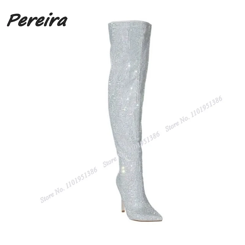 Pereira Cristal Solid Genunchi Ridicat Cizme Plisate Aluneca pe Toc Stiletto Subliniat Toe Pantofi pentru Femei Tocuri inalte Zapatillas Mujer 5