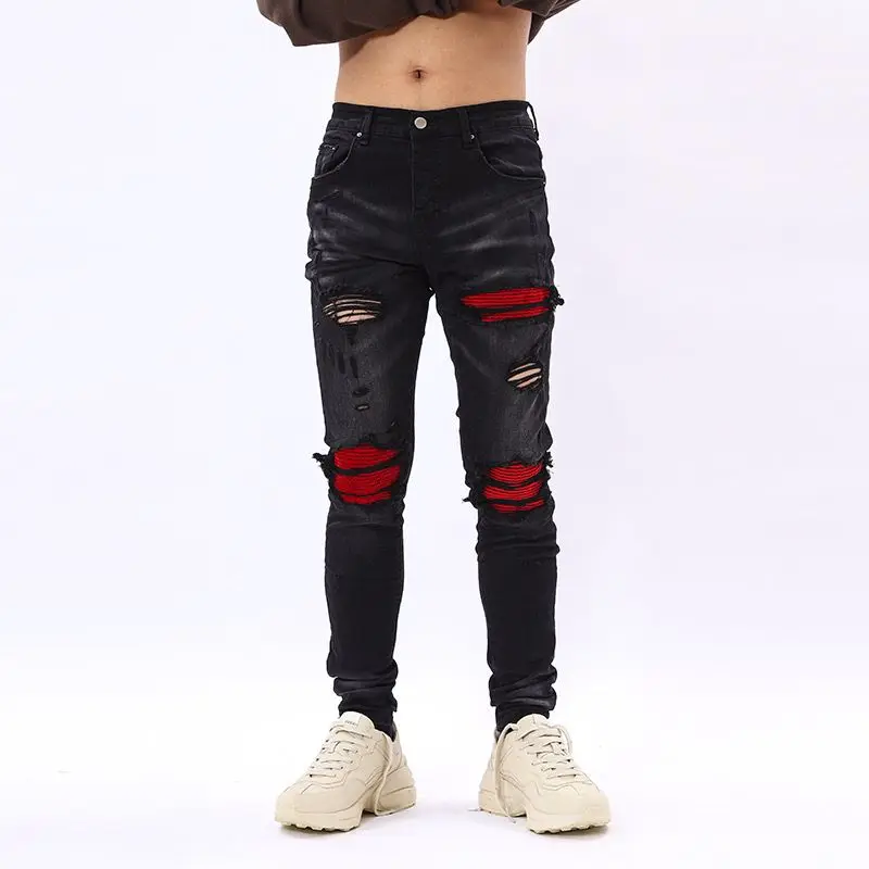New sosire design de moda de stradă blugi negri pentru bărbați street pantaloni din denim rupt cu gaură roșie patch mozaic blugi barbati 0