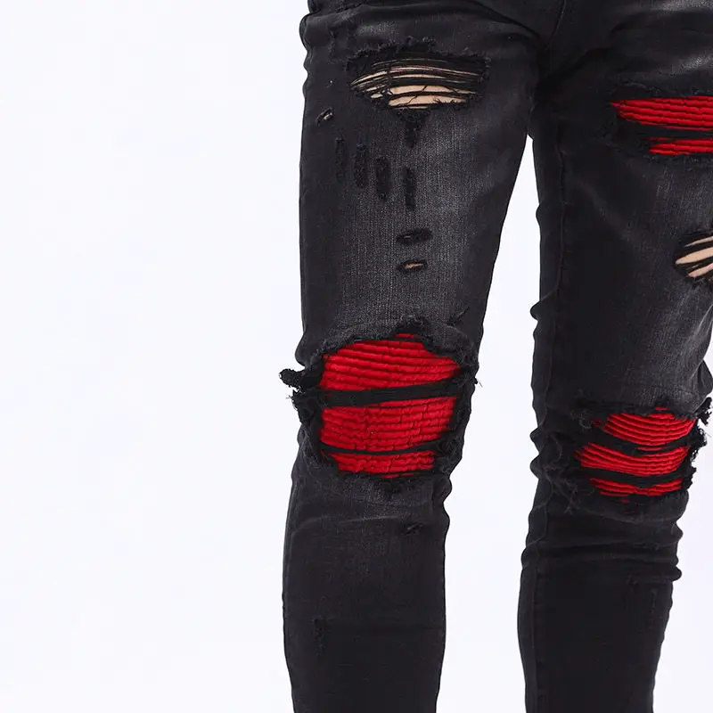 New sosire design de moda de stradă blugi negri pentru bărbați street pantaloni din denim rupt cu gaură roșie patch mozaic blugi barbati 1