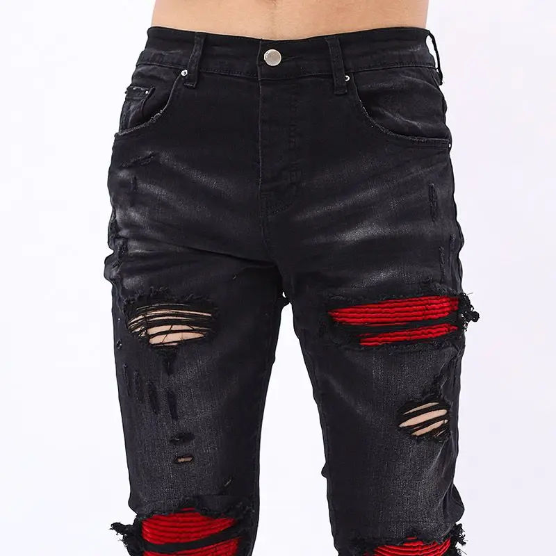 New sosire design de moda de stradă blugi negri pentru bărbați street pantaloni din denim rupt cu gaură roșie patch mozaic blugi barbati 4