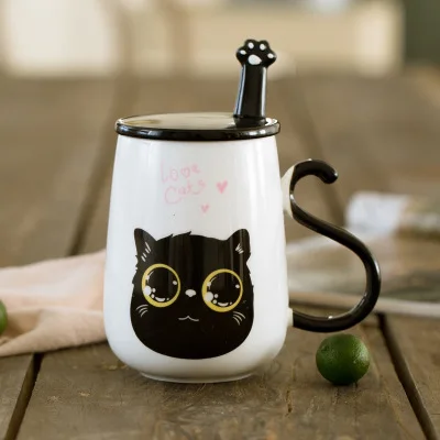 Desene Animate Drăguț Pisica Cani Ceramice.Cana Cu Capac si Lingura de Creație Cafea cu Lapte Ceai Ceașcă de Porțelan Cani Cadou de Ziua Îndrăgostiților