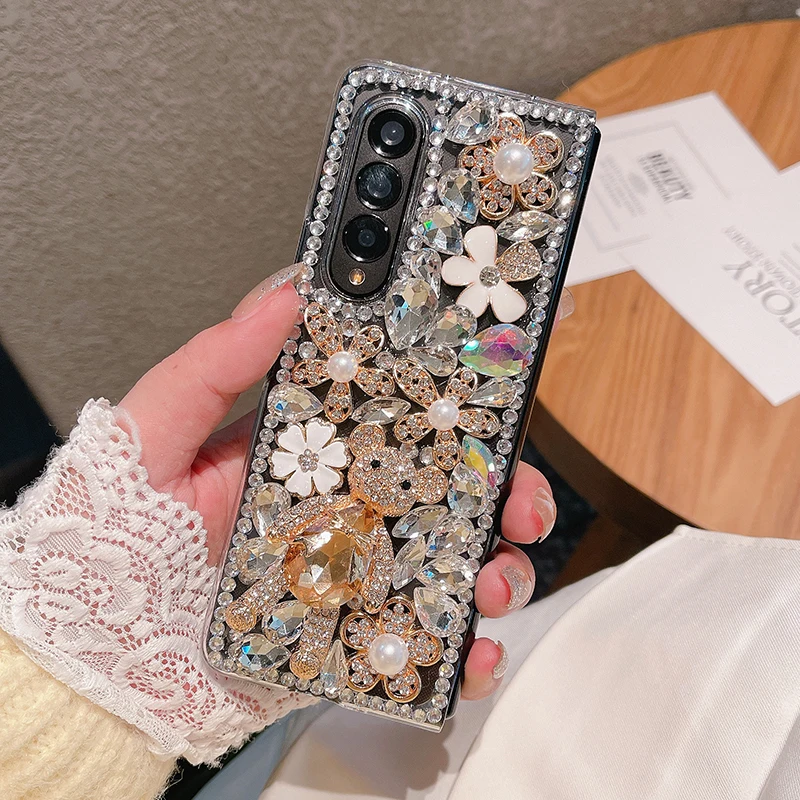 De lux Bling Stras Caz de Telefon Pentru Samsung Galaxy Z Fold 4 3 DIY Diamant Urs 3D Capac de Flori