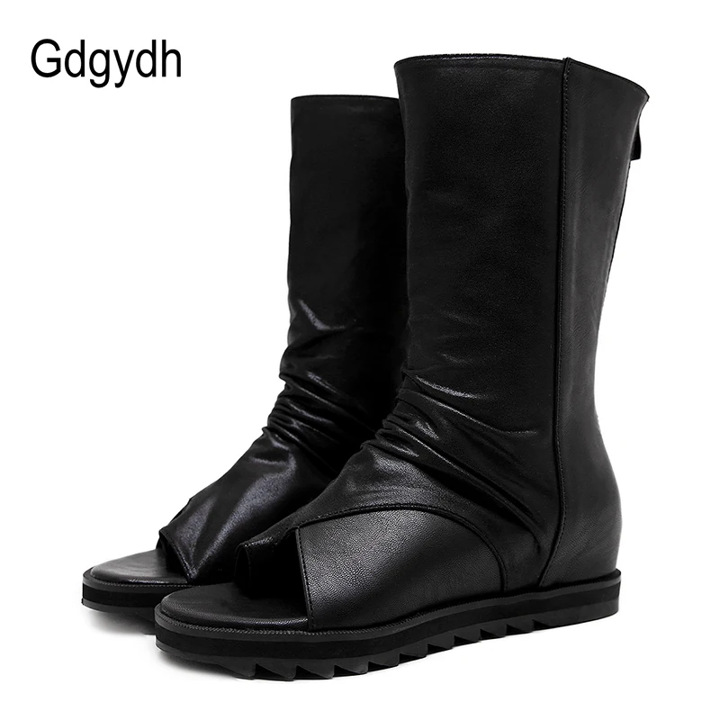 Gdgydh Fermoar Design Negru Femei Pantofi Pene 2022 Nouă Primăvară De Toamnă Sandale Din Piele De La Jumătatea Vițel Cizme Pentru Femei Promovare Vanzare