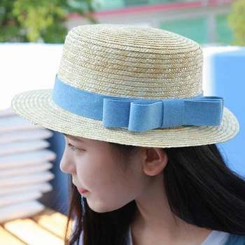2019 vara pălărie de paie pălărie luntraș fete arc Pălării de vară Pentru Femei Beach plat panama pălărie de paie femme 48-52-54-58cm en-gros 1