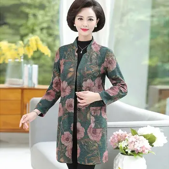 2020 Nouă Varsta de Mijloc de Primavara Toamna Femei Trenci ofițeresc Îmbrăcăminte exterioară Elegant Guler Mandarin, Flori de Imprimare Pieptul Singur Strat S155 5