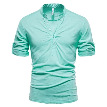 2021 Noi de Vara Stand Guler T-Shirt pentru Bărbați de Culoare Solidă Bumbac Mijlocul Maneci Barbati Camasi Casual, de Calitate Teuri Cămașă de sex Masculin Topuri 1