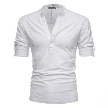 2021 Noi de Vara Stand Guler T-Shirt pentru Bărbați de Culoare Solidă Bumbac Mijlocul Maneci Barbati Camasi Casual, de Calitate Teuri Cămașă de sex Masculin Topuri 4
