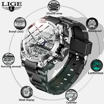 2022 LIGE Nou Sport Digital Barbati Ceas rezistent la apa 50M Scufundări Ceasuri Barbati Ceas Deșteptător Quartz Electronic Afișaj Dual Ceas de mână 2