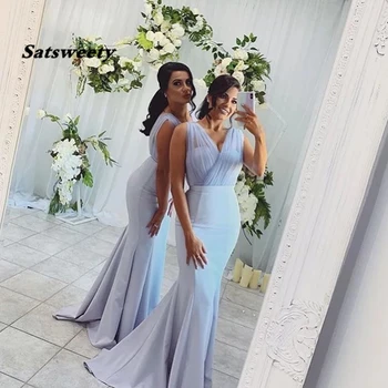 2022 Sexy Sirenă Timp de domnisoara de Onoare Rochii fără Mâneci V-neck Light Blue Satin Femei Petrecerea de Nunta Rochie Vestidos Rochii Formale