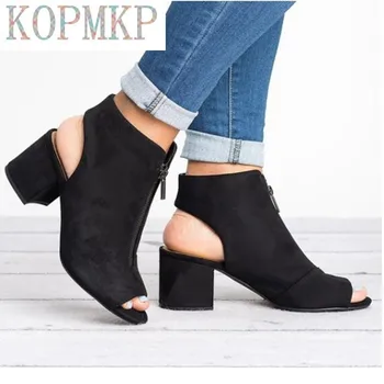 2022 Stil Nou Glezna Cizme de piele de Căprioară Faux din Piele Casual Deschide Peep Toe Sandale de Moda cu Fermoar Pătrat Pantofi cu Toc pentru Femei Dimensiune 34-43