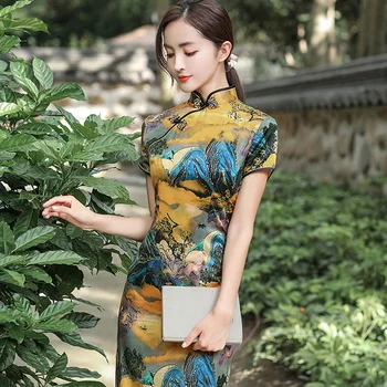 2022 Vara Galben Cheongsam Maneci Scurte Stil Chinezesc Qipao Matase Vintage Rochie Lungă, Subțire Rochii