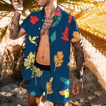 2022 Vară Bărbați De Înaltă Calitate Hawaiian Seturi De Imprimare Tricou Maneci Scurte Pantaloni Scurți De Plajă Streetwear Vacanță Mens Două Bucata Costum De Trend