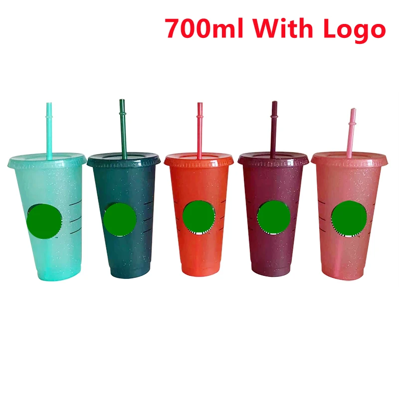5PCS 700ml Sclipici Paie Cana Cu Logo-ul Cu Capac Petrecere de Plastic, Pahare de Decolorare De Băuturi Reci Reutilizabile Cești de Cafea Mug