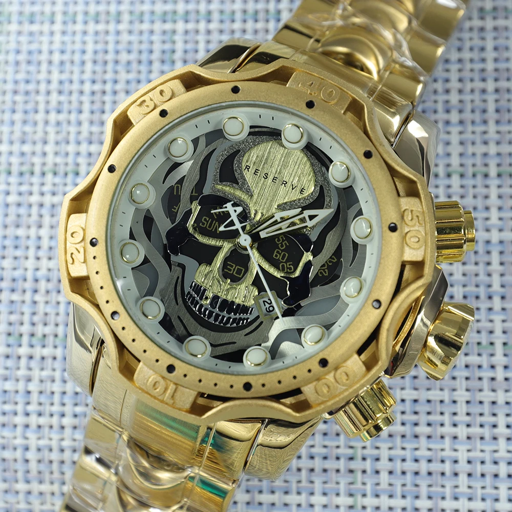 Neînvinsă Scheletul Craniului Cadran Mare Barbati Ceas De Aur Ceas De Lux De Afaceri Invicto Reloj De Hombre Oțel Ceas Relogio Masculino 4