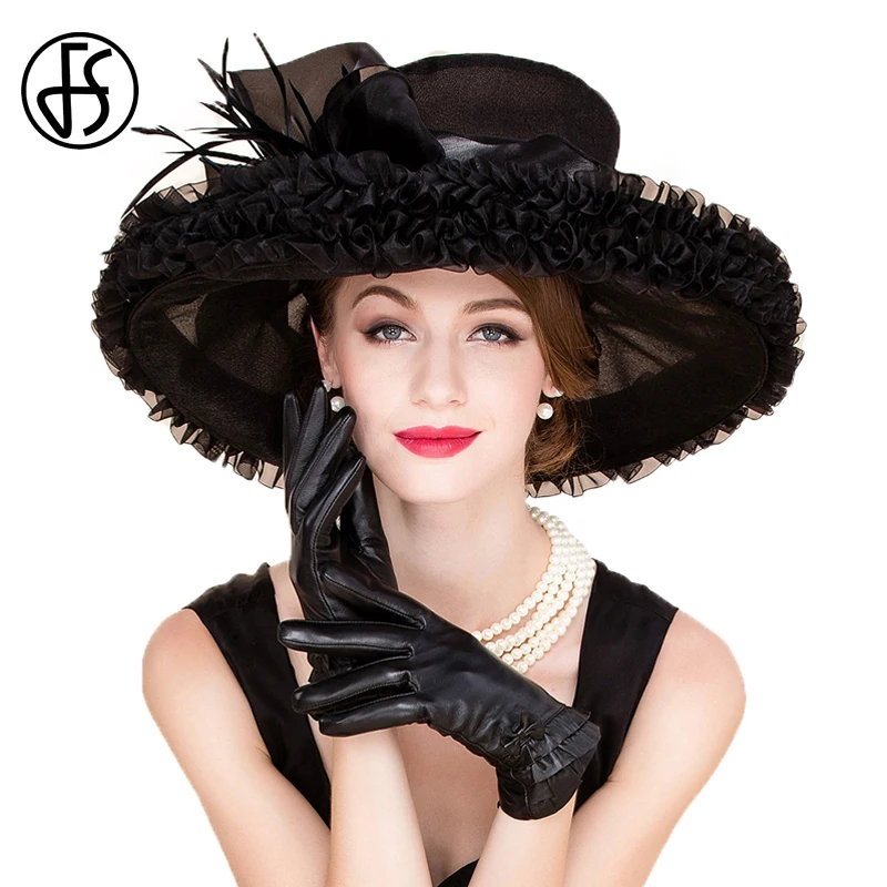 FS Elegant de Organza Rochii Bisericii Pălării Pentru Femei Nuntă Mare, Margine Largă Fedoras Bowknot Kentucky Tea Party Hat