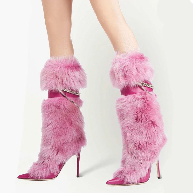 Blană roz Lanț Stiletto de la Jumătatea Vițel Cizme Femei de Iarna 2022 a Subliniat Toe Super Cald Cizme de Moda de sex Feminin Sexy Pantofi pentru Femei