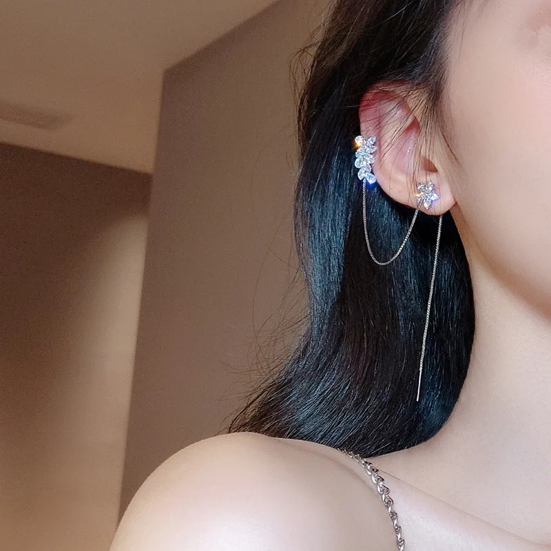 Coreea Cercei Moda Bijuterii Cercei Statement Cristal Flori Ciucure Lung Ureche Clip Os Cercei Pentru Femei Pendiente Brincos