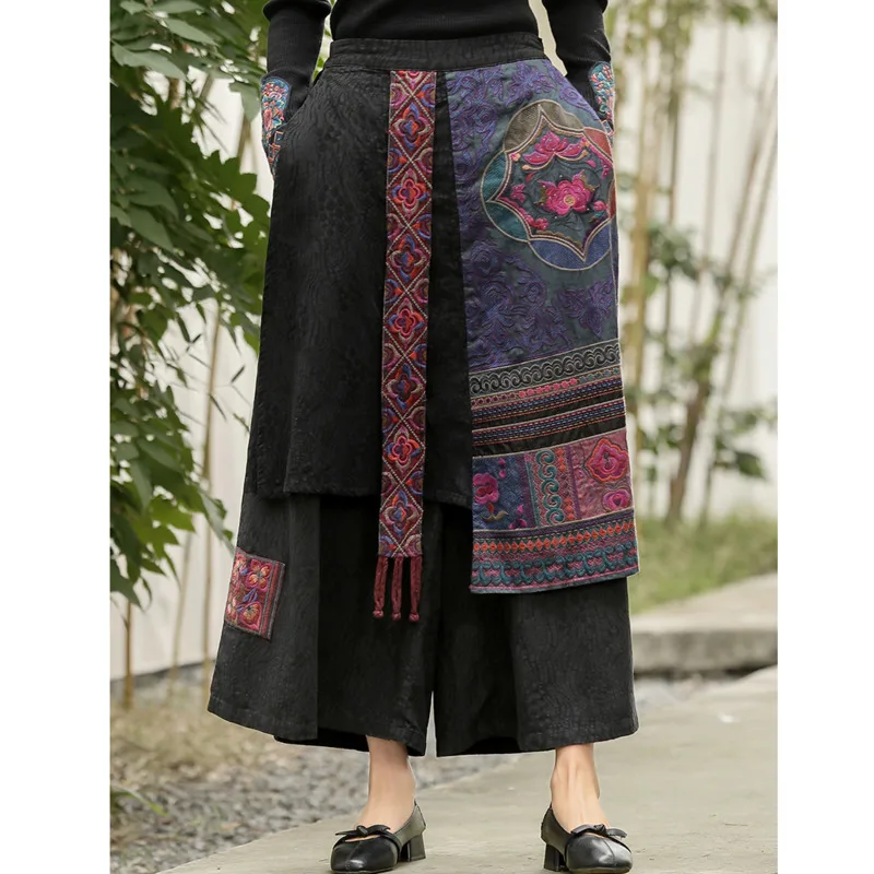 Etnice Harajuku Femei Pantaloni Fuste Chineză Stil Vintage Lungi Largi Picior Pantaloni Fusta Lenjerie De Pat Din Bumbac Ciucure Mozaic Broderie Noi 2