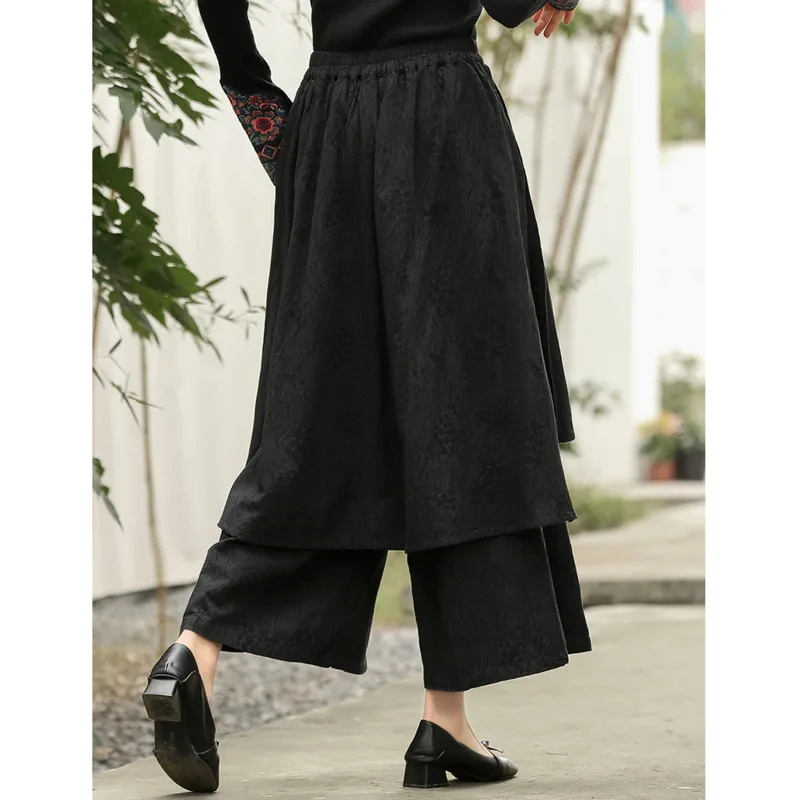 Etnice Harajuku Femei Pantaloni Fuste Chineză Stil Vintage Lungi Largi Picior Pantaloni Fusta Lenjerie De Pat Din Bumbac Ciucure Mozaic Broderie Noi 3