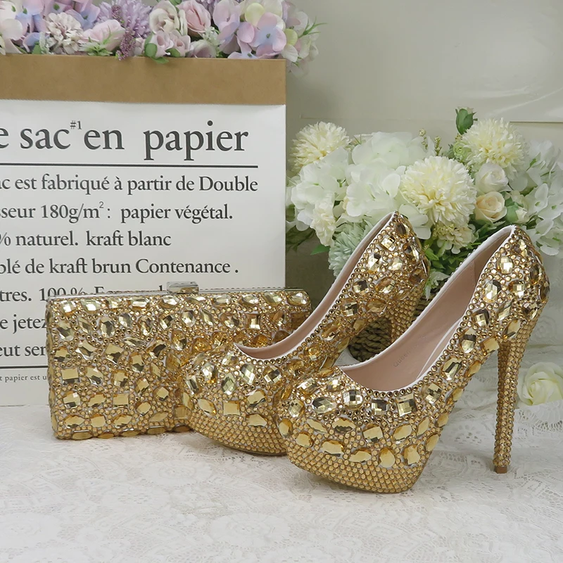 Șampanie cristal femei pantofi de Nunta asortate cu genti de Lux Stras tocuri platforma pantofi femei pantofi rochie de petrecere