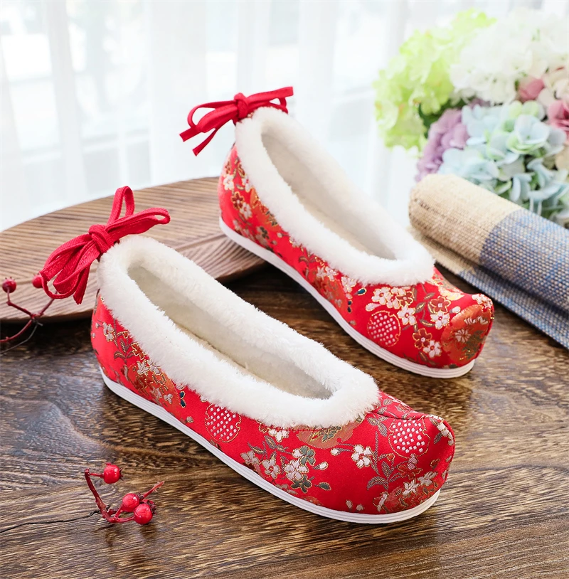 Tradițională Chineză Hanfu Pantofi Femei Vechi Apartamente Cald Iarna Ankel Bandaj Ascuns Tocuri Roșu Oriental Lolita Fata Florale Din Satin 0