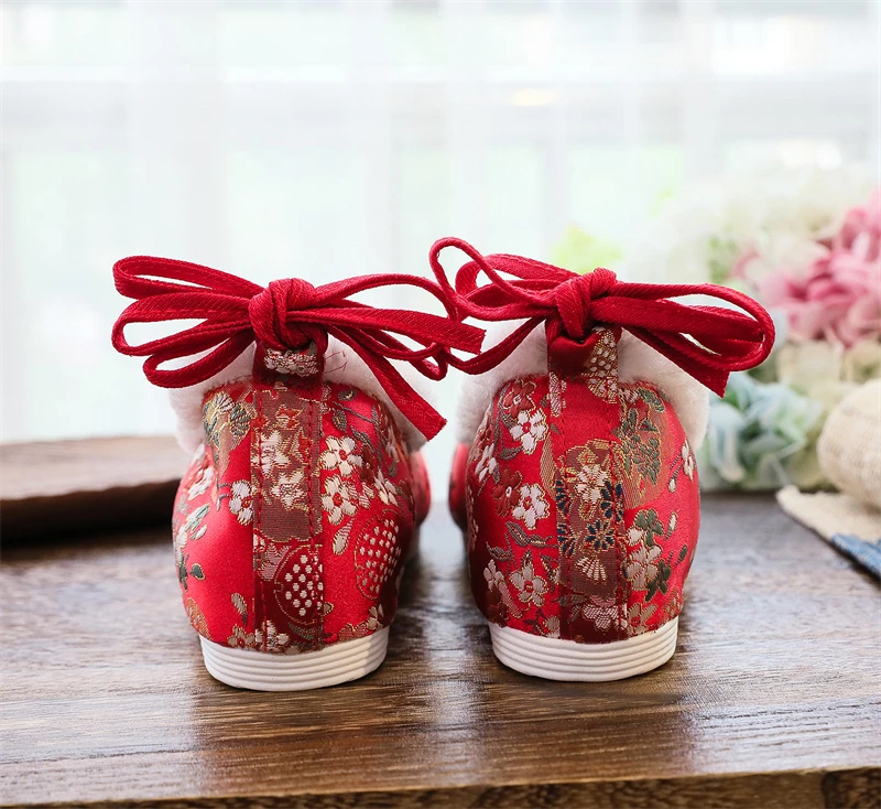 Tradițională Chineză Hanfu Pantofi Femei Vechi Apartamente Cald Iarna Ankel Bandaj Ascuns Tocuri Roșu Oriental Lolita Fata Florale Din Satin 1