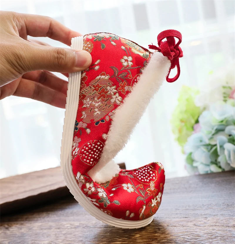 Tradițională Chineză Hanfu Pantofi Femei Vechi Apartamente Cald Iarna Ankel Bandaj Ascuns Tocuri Roșu Oriental Lolita Fata Florale Din Satin 2